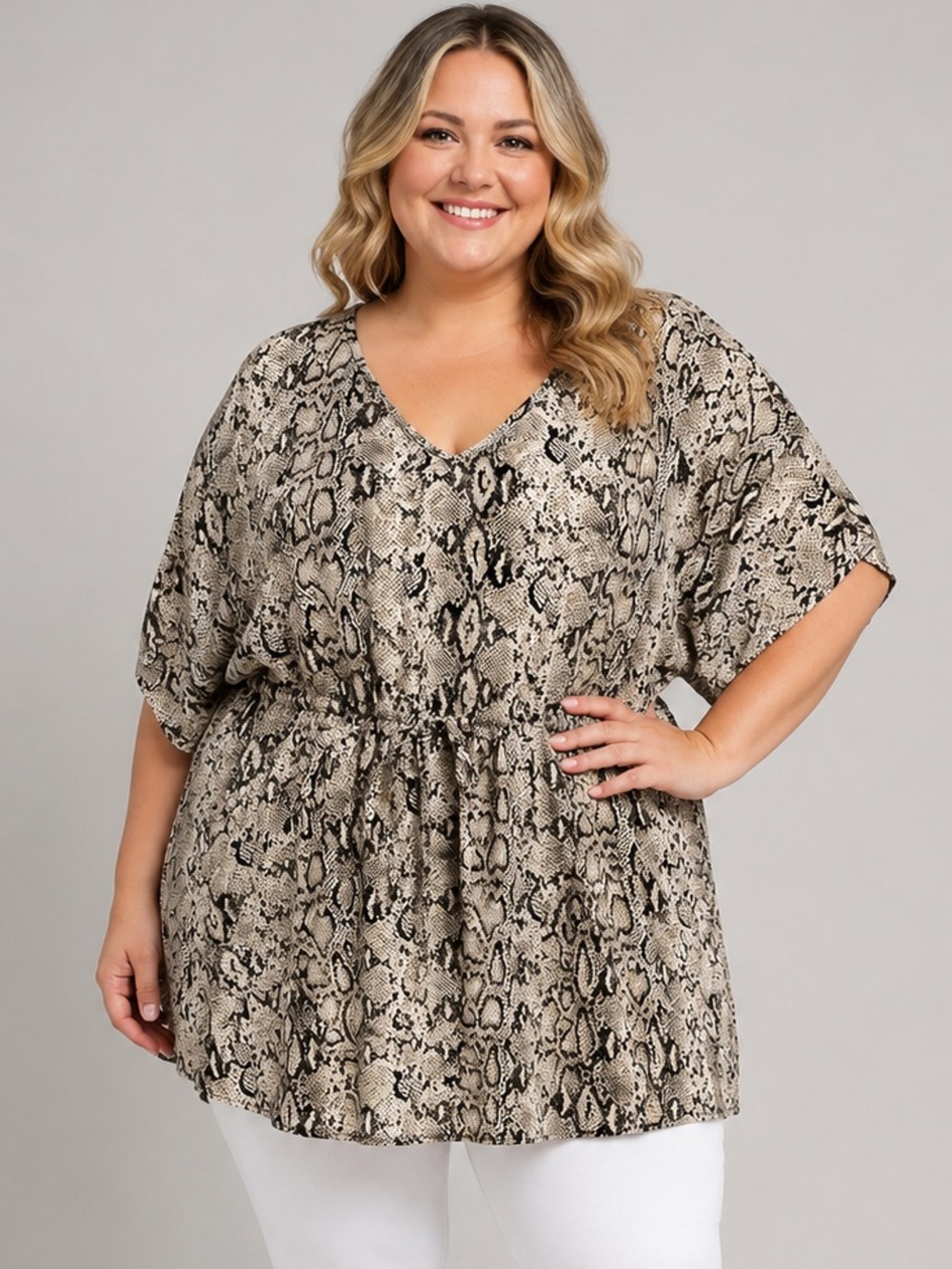 MARIO SERRANI Neutral Snake-Print V-Neck Tunic Gathered Waist size XXL